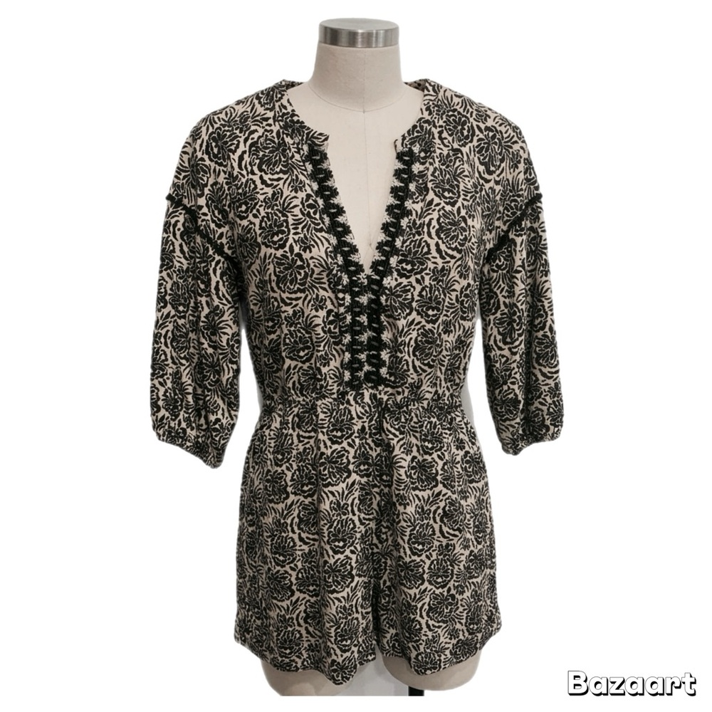Zara Women’s Floral Romper Jumpsuit Size Large Black Beige Boho